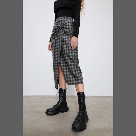 ZARA GRAY PLAID SKIRT FAUX WRAP WITH KNOT XS - Picture 3 of 14